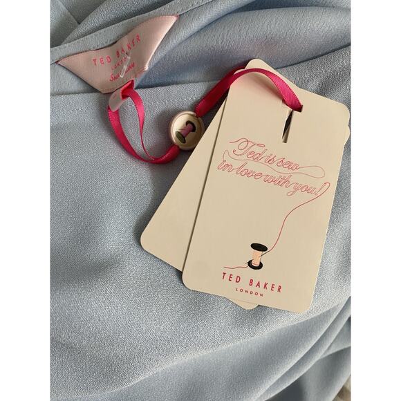 NWT Ted Baker Dress One Shoulder Baby Blue Peplum Sheath Chain Belt Midi 2 S 4 6 - Picture 9 of 10